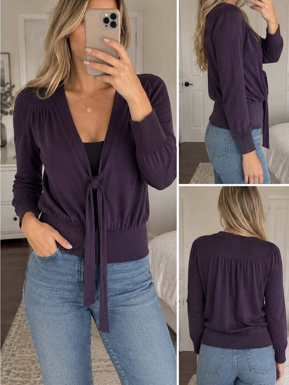 Banana Republic Deep Purple V-Neck Tie-Front Sweater